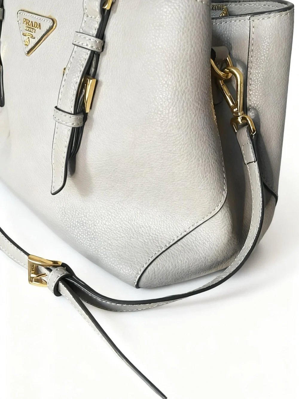Prada Gray Leather Top-Handle Satchel with Gold Hardware